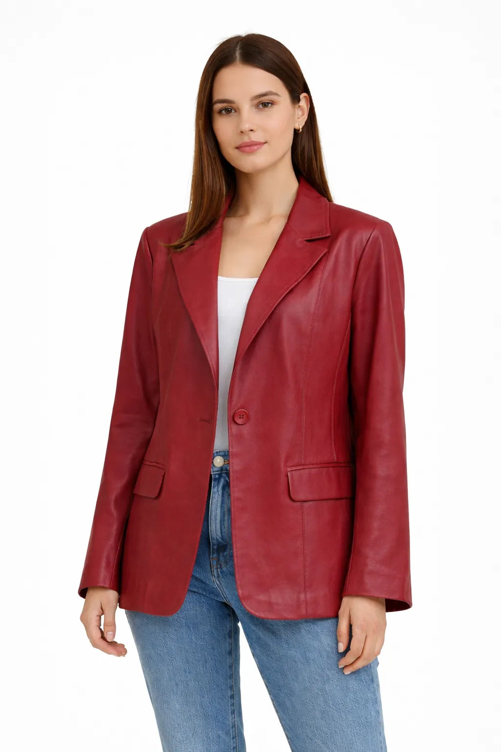 Kadın Tek Düğmeli Blazer Deri Ceket Kırmızı