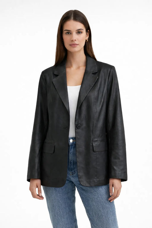 Kadın Tek Düğmeli Blazer Deri Ceket Siyah
