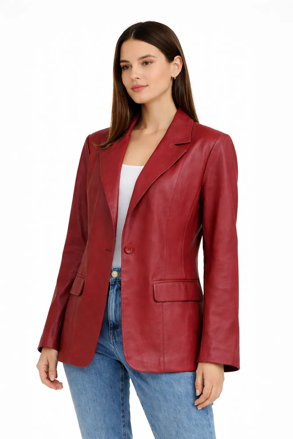 Kadın Tek Düğmeli Blazer Deri Ceket Kırmızı