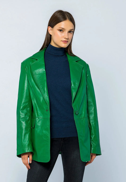 Kadın Oversize Blazer Deri Ceket Yeşil