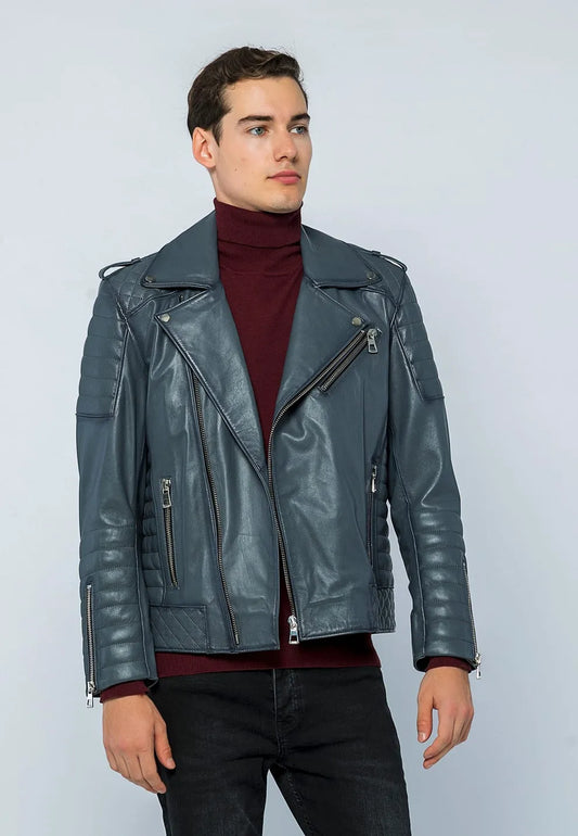 Erkek Biker Deri Ceket Gri