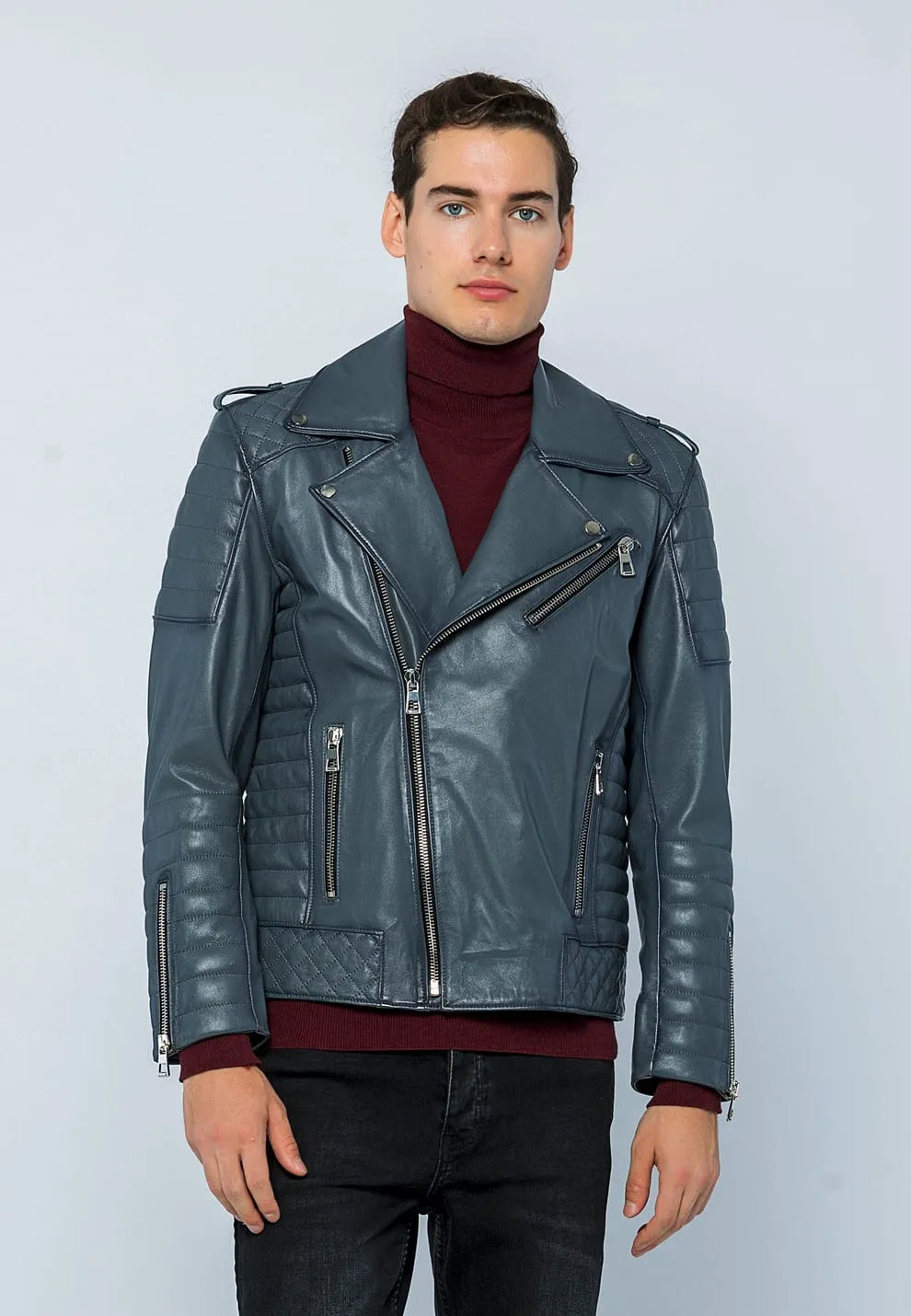 Erkek Biker Deri Ceket Gri