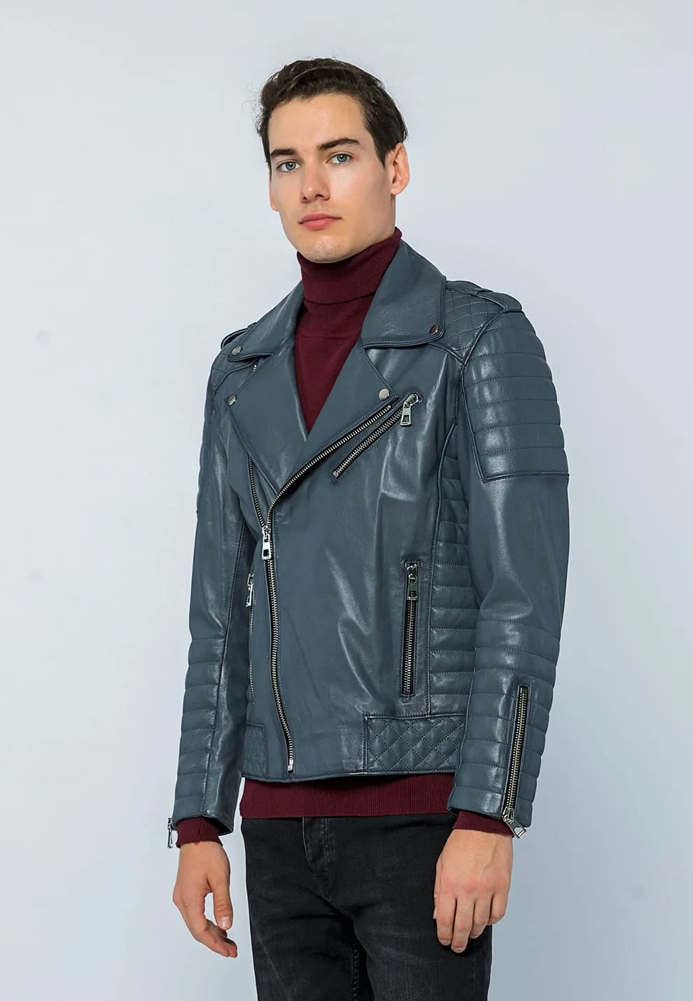 Erkek Biker Deri Ceket Gri