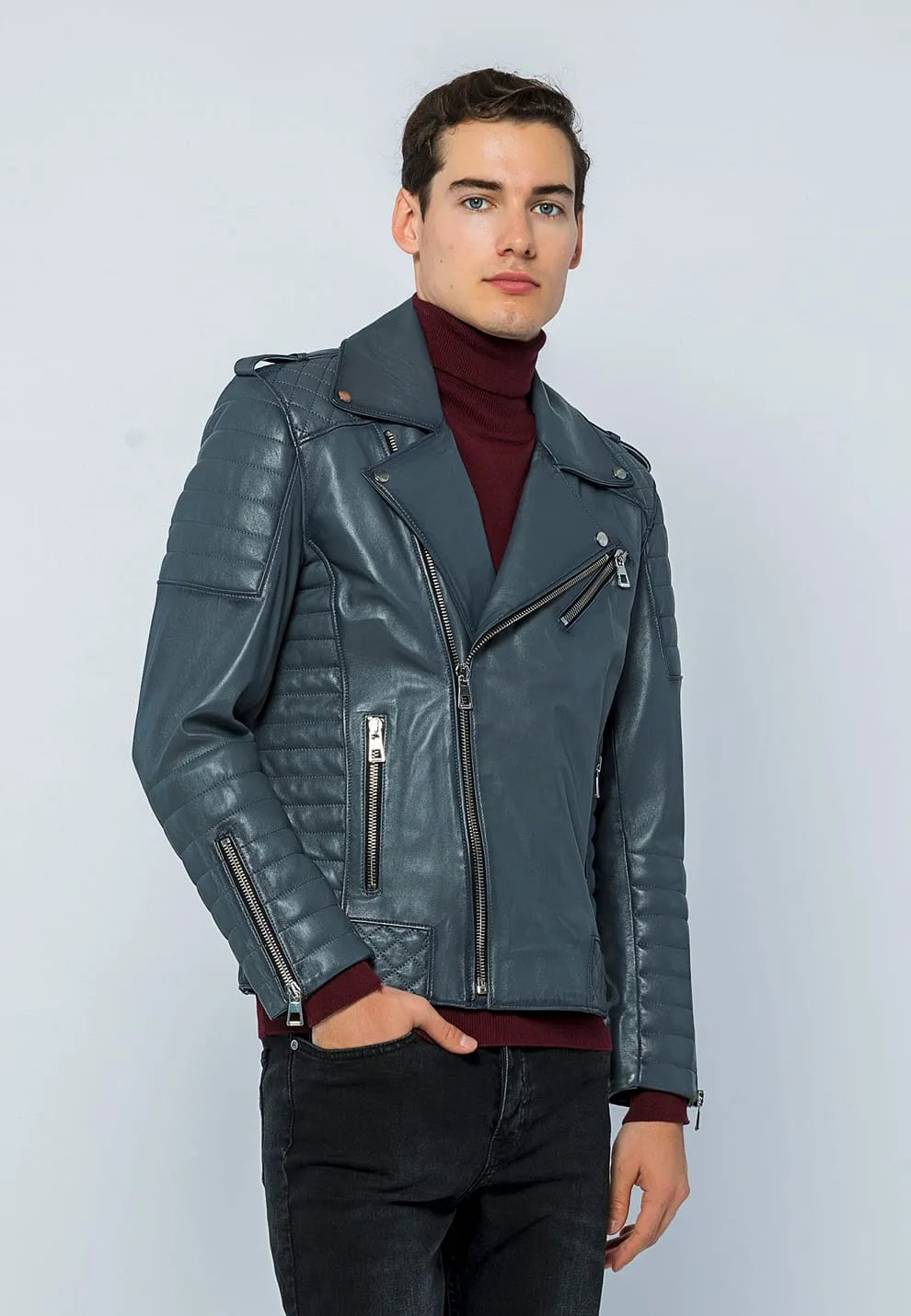 Erkek Biker Deri Ceket Gri