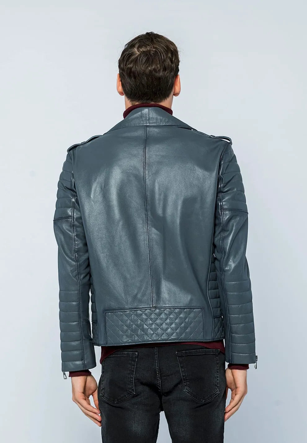 Erkek Biker Deri Ceket Gri