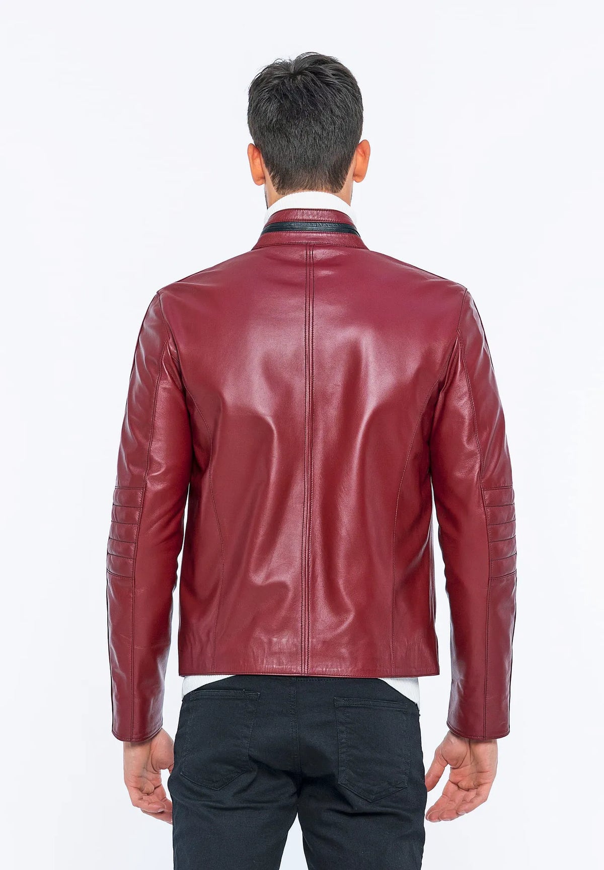 Erkek Fermuar Detaylı Deri Ceket Bordo