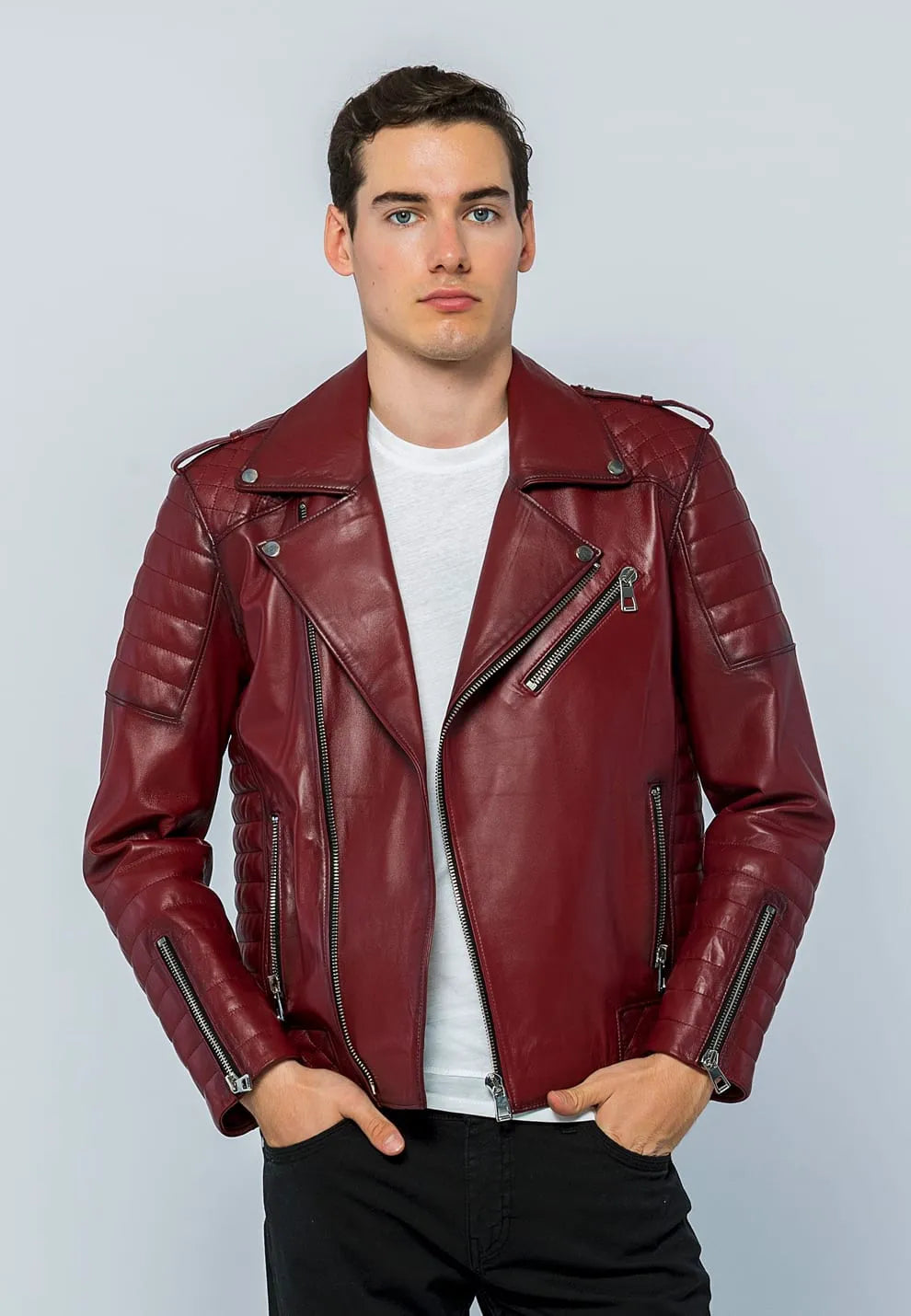 Erkek Biker Deri Ceket Açık Bordo