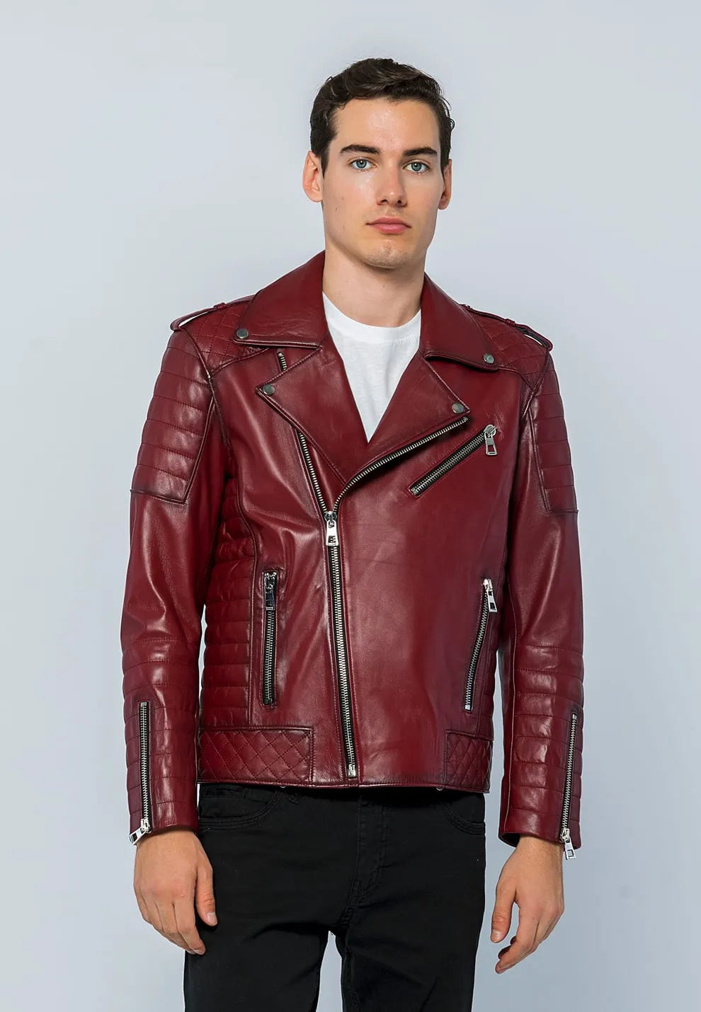 Erkek Biker Deri Ceket Açık Bordo