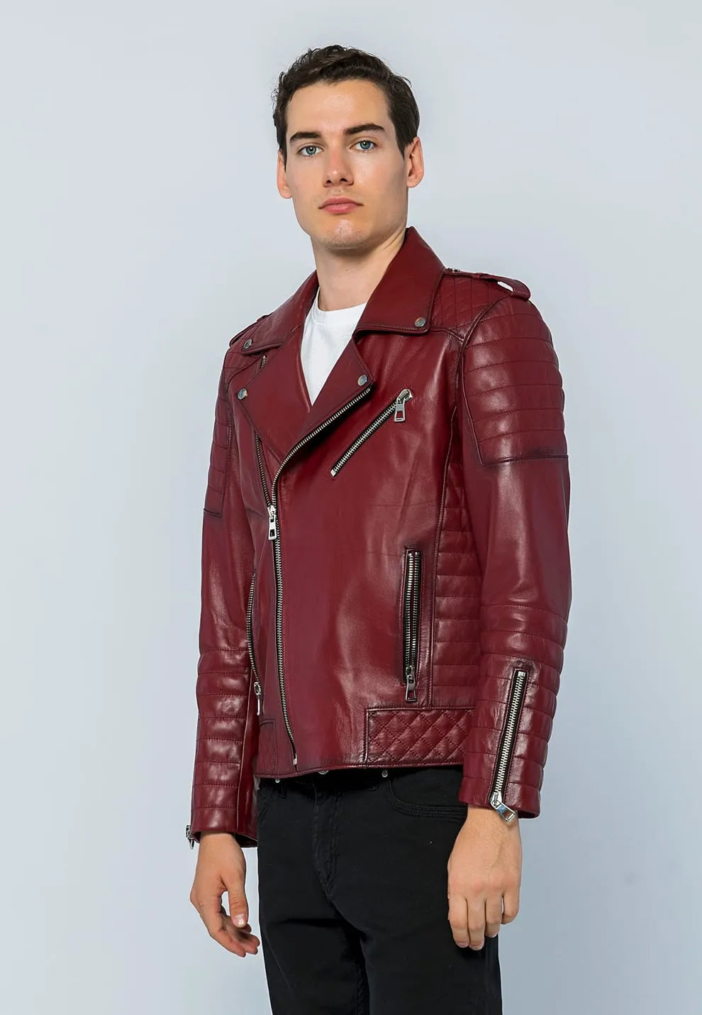Erkek Biker Deri Ceket Açık Bordo