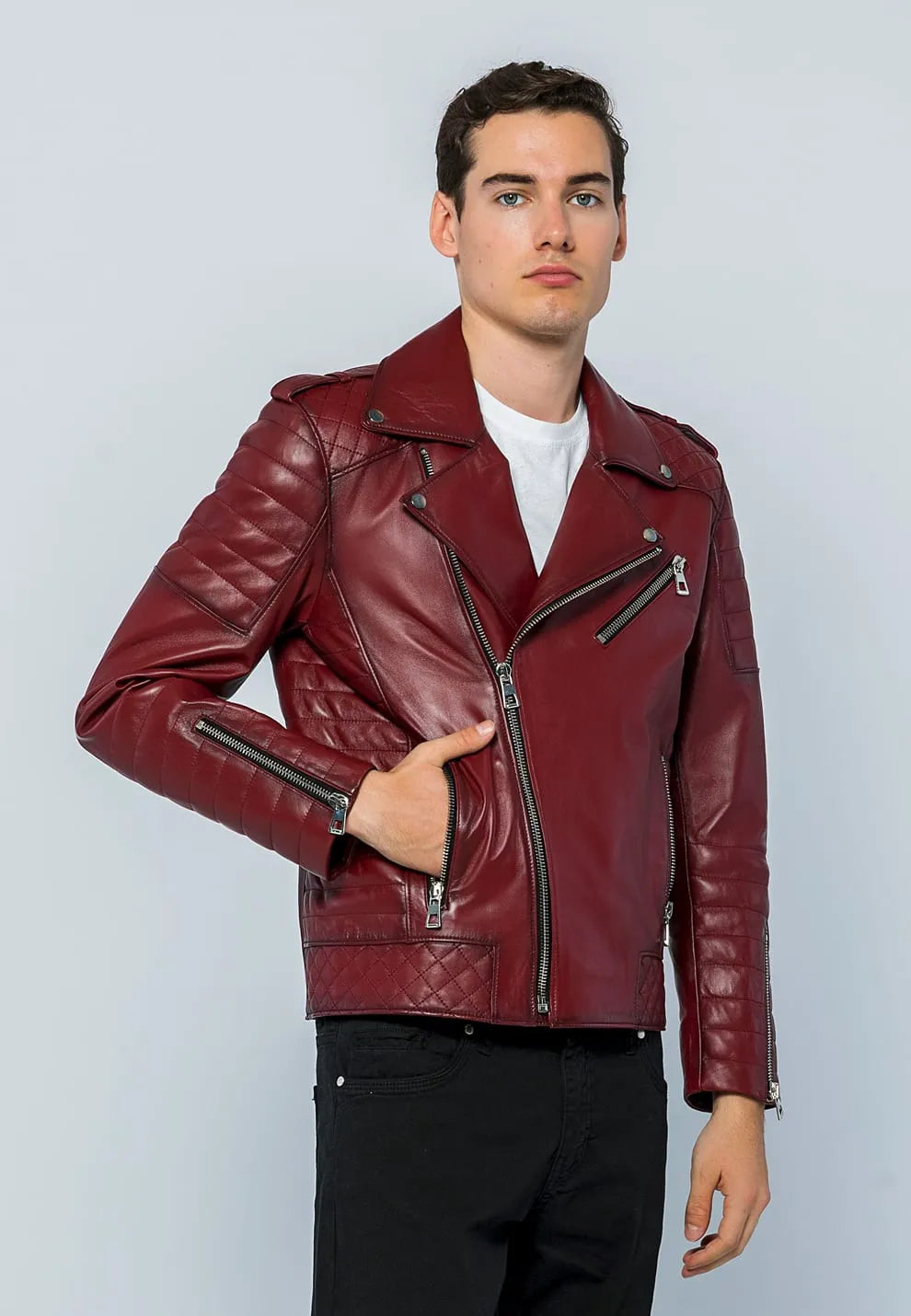 Erkek Biker Deri Ceket Açık Bordo