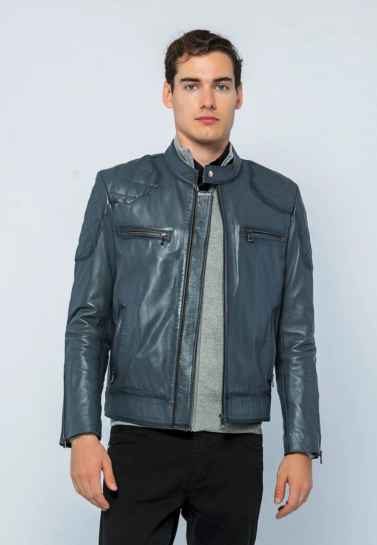 Erkek Biker Deri Ceket Gri