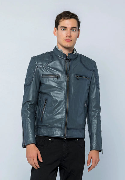 Erkek Biker Deri Ceket Gri