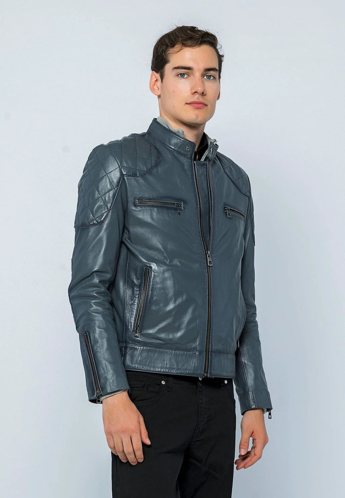 Erkek Biker Deri Ceket Gri