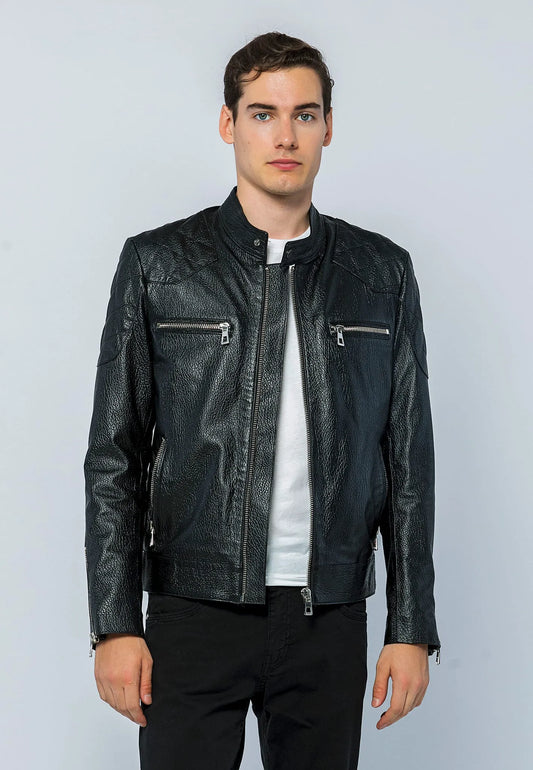 Erkek Biker Jumbo Deri Ceket Siyah