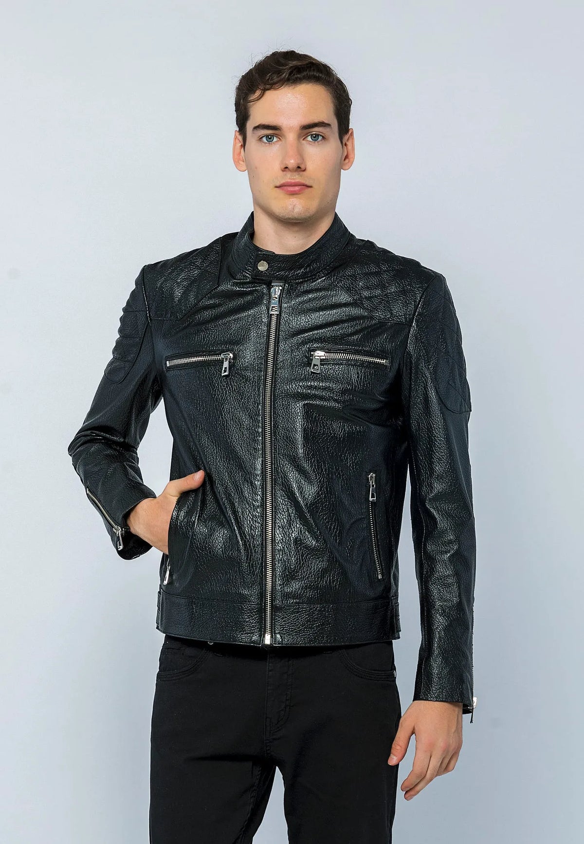 Erkek Biker Jumbo Deri Ceket Siyah
