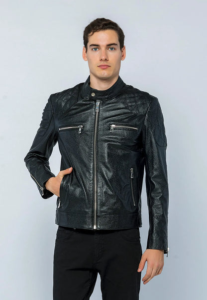 Erkek Biker Jumbo Deri Ceket Siyah