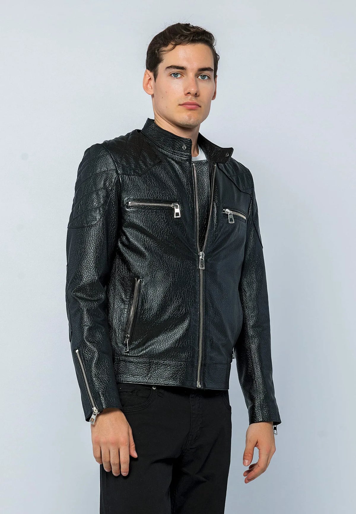 Erkek Biker Jumbo Deri Ceket Siyah