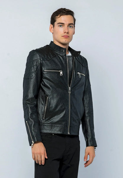 Erkek Biker Jumbo Deri Ceket Siyah