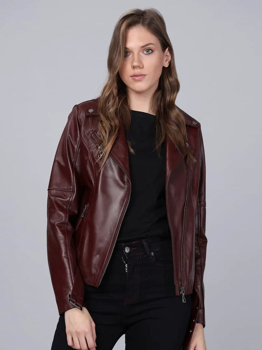 Kadın Biker Deri Ceket Mürdüm
