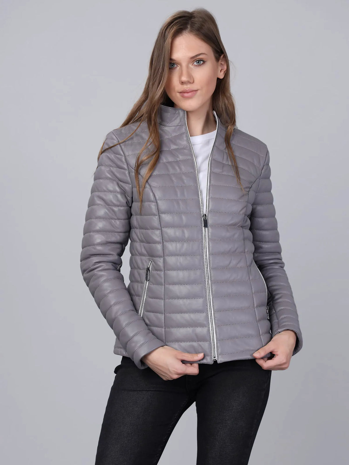 Kadın Şişme Deri Ceket Gri