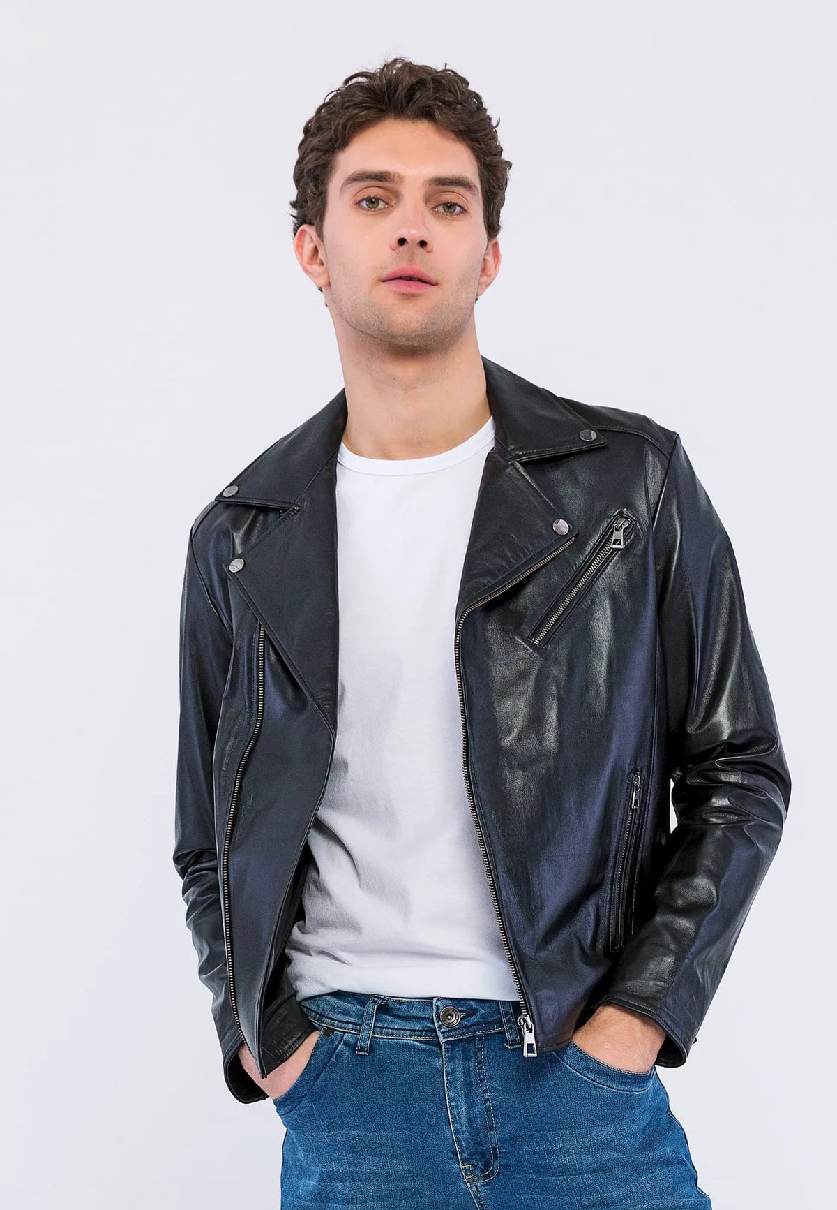Erkek Biker Deri Ceket Siyah
