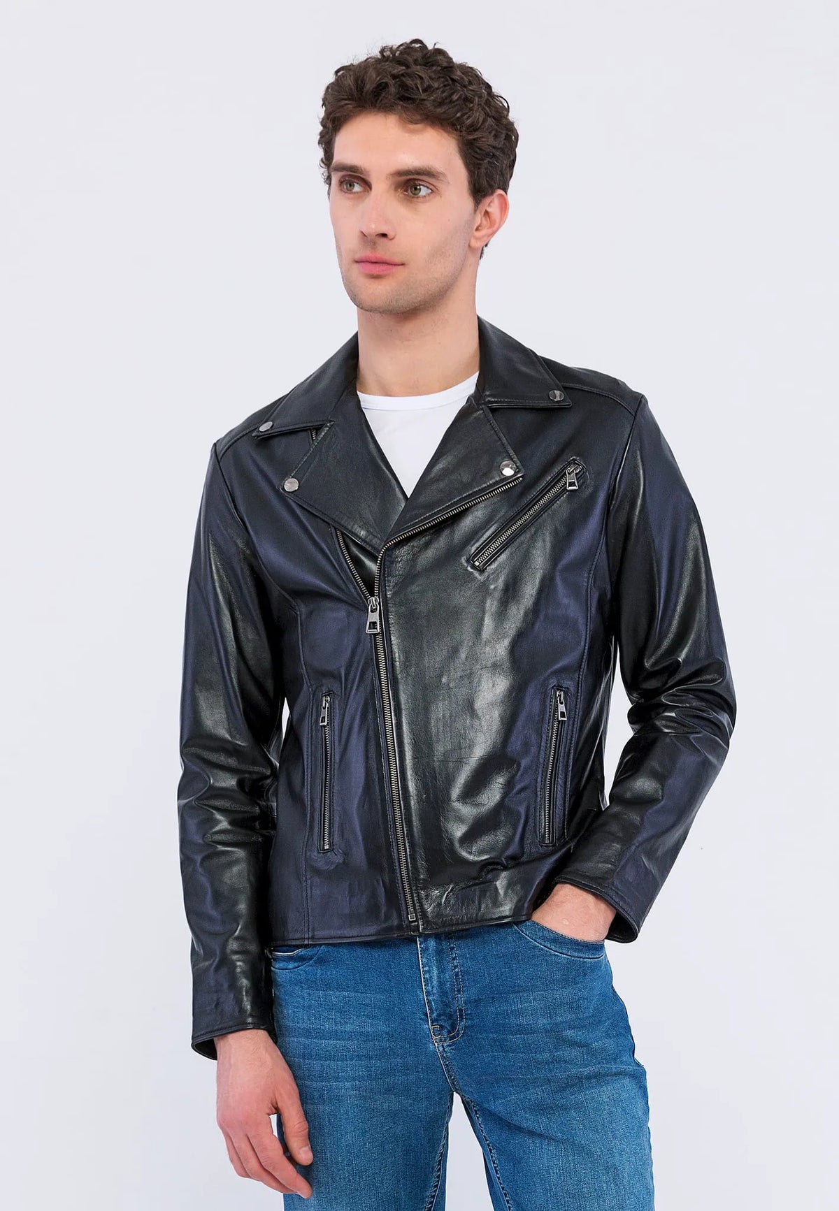 Erkek Biker Deri Ceket Siyah