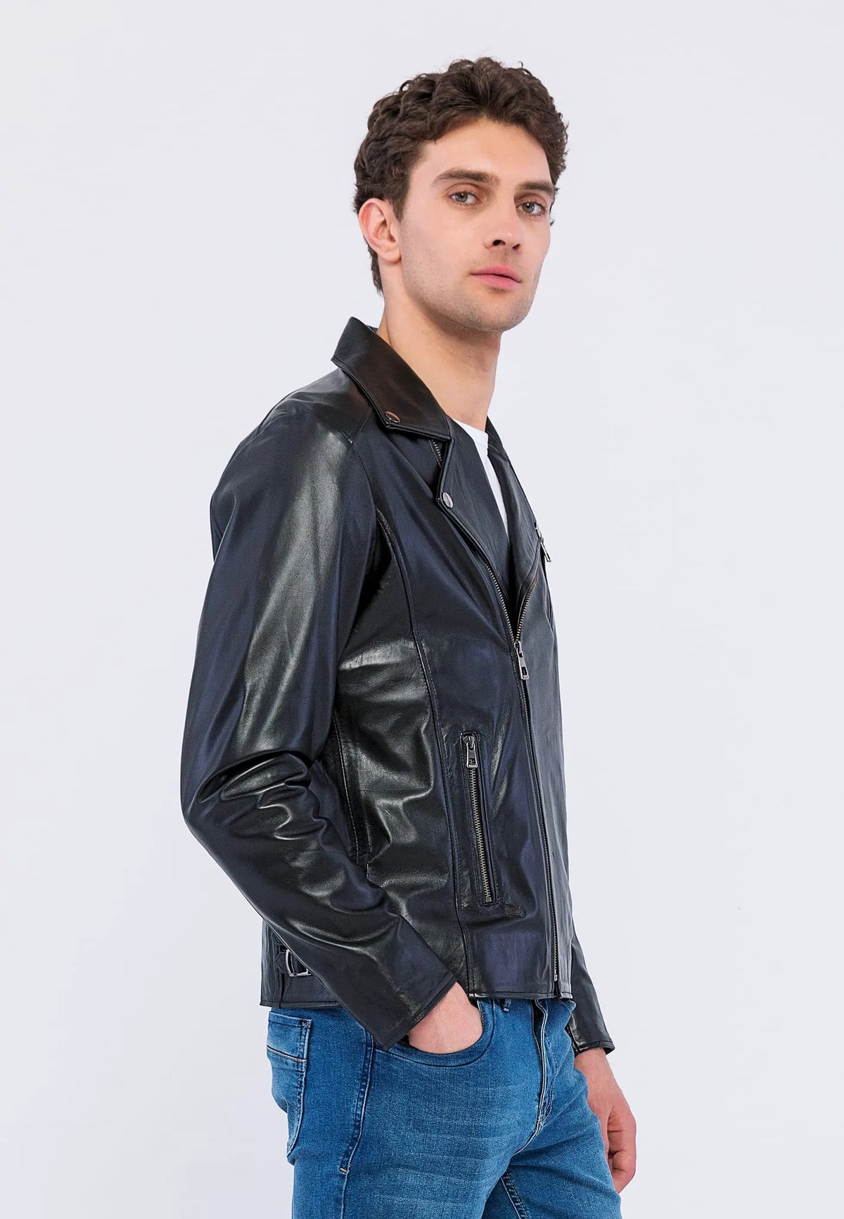 Erkek Biker Deri Ceket Siyah