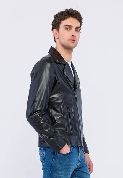 Erkek Biker Deri Ceket Siyah