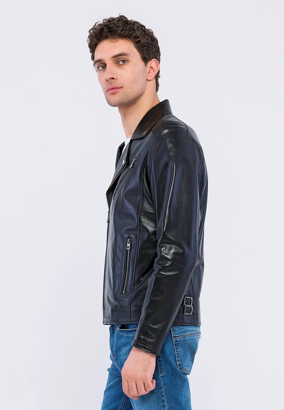 Erkek Biker Deri Ceket Siyah