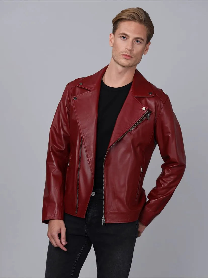 Erkek Biker Deri Ceket Bordo