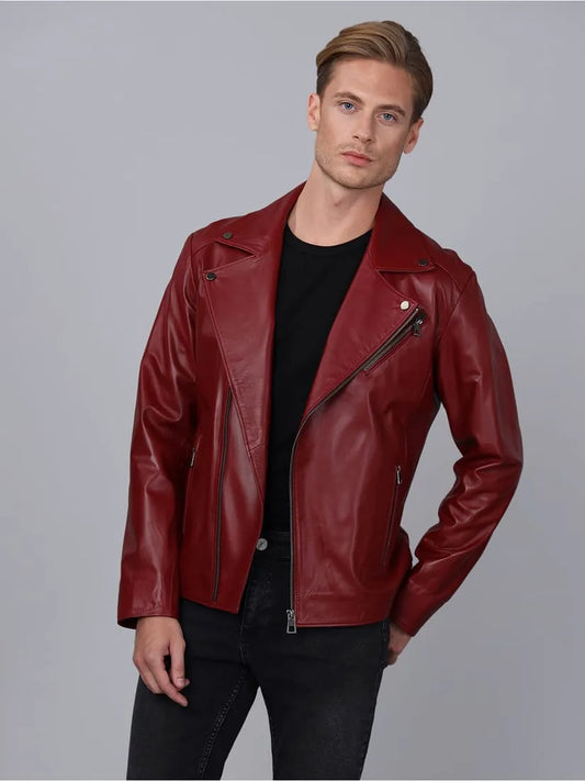 Erkek Biker Deri Ceket Bordo