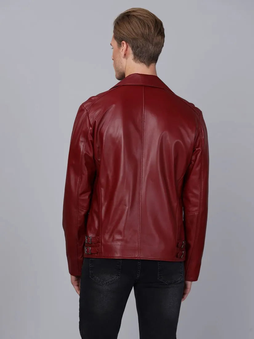 Erkek Biker Deri Ceket Bordo