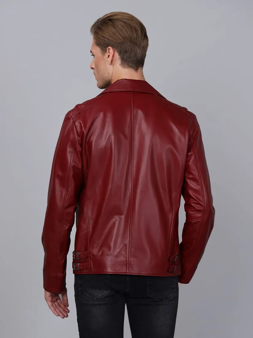 Erkek Biker Deri Ceket Bordo