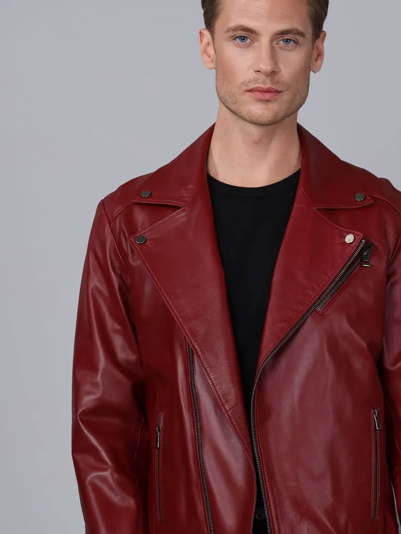 Erkek Biker Deri Ceket Bordo