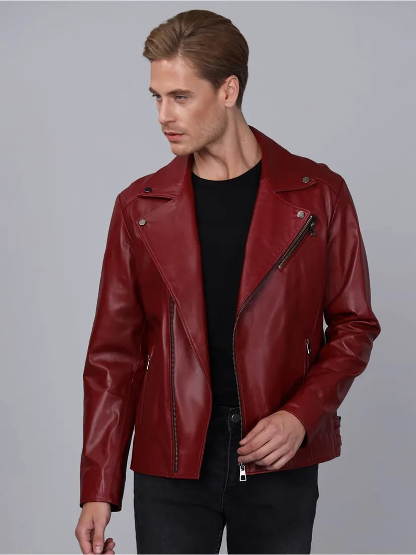 Erkek Biker Deri Ceket Bordo