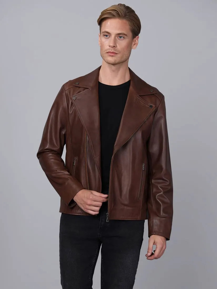 Erkek Biker Deri Ceket Kestane