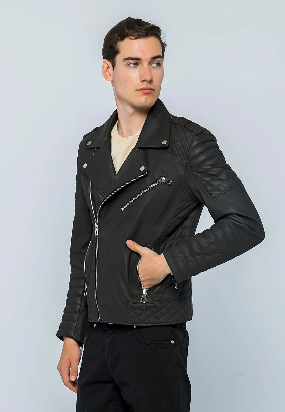 Erkek Biker Deri Ceket Kahverengi