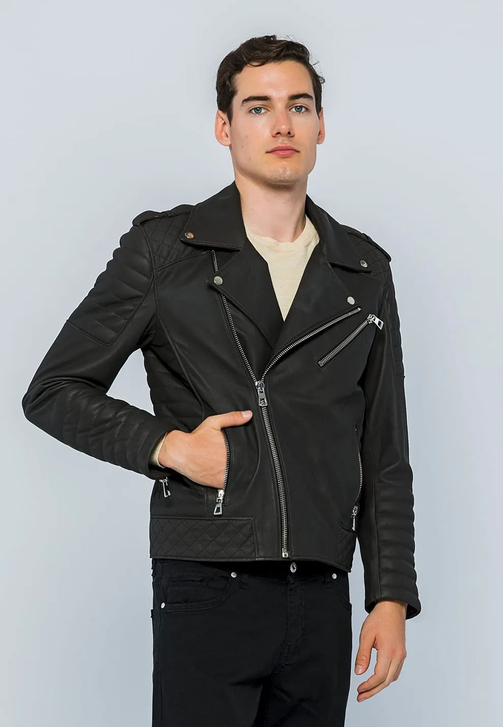 Erkek Biker Deri Ceket Kahverengi