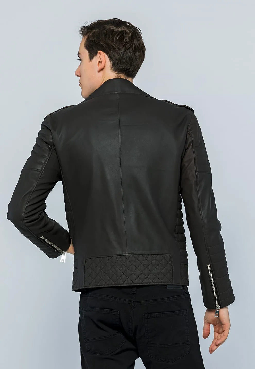 Erkek Biker Deri Ceket Kahverengi