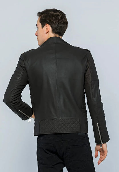 Erkek Biker Deri Ceket Kahverengi