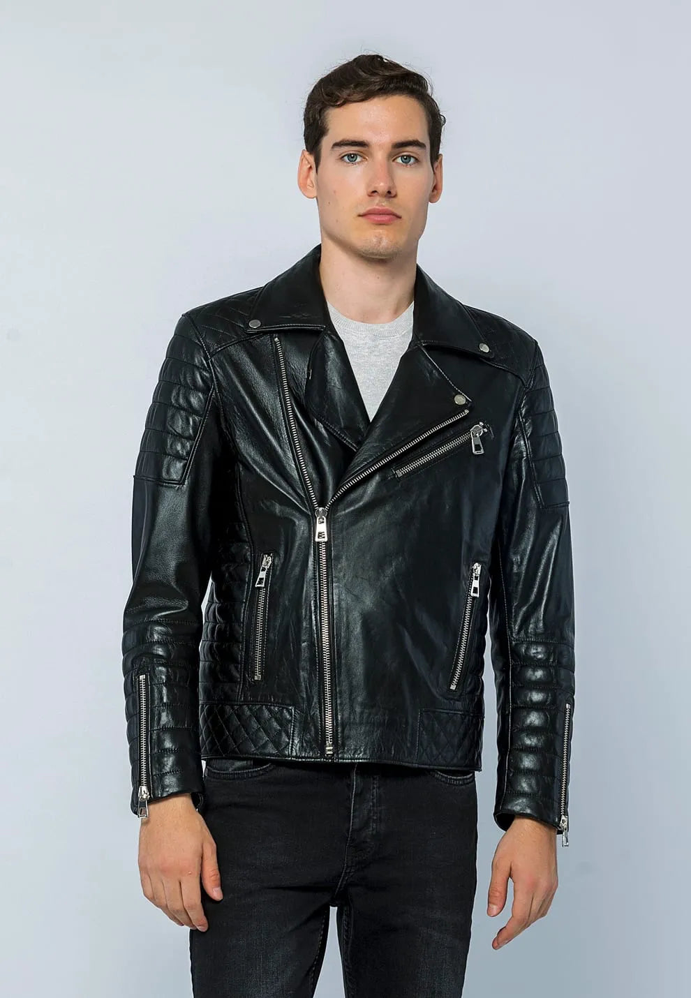 Erkek Biker Deri Ceket Siyah