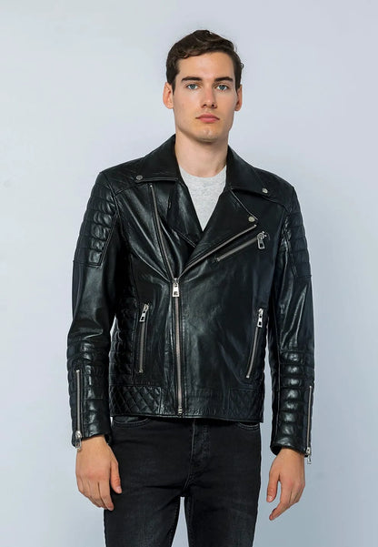 Erkek Biker Deri Ceket Siyah