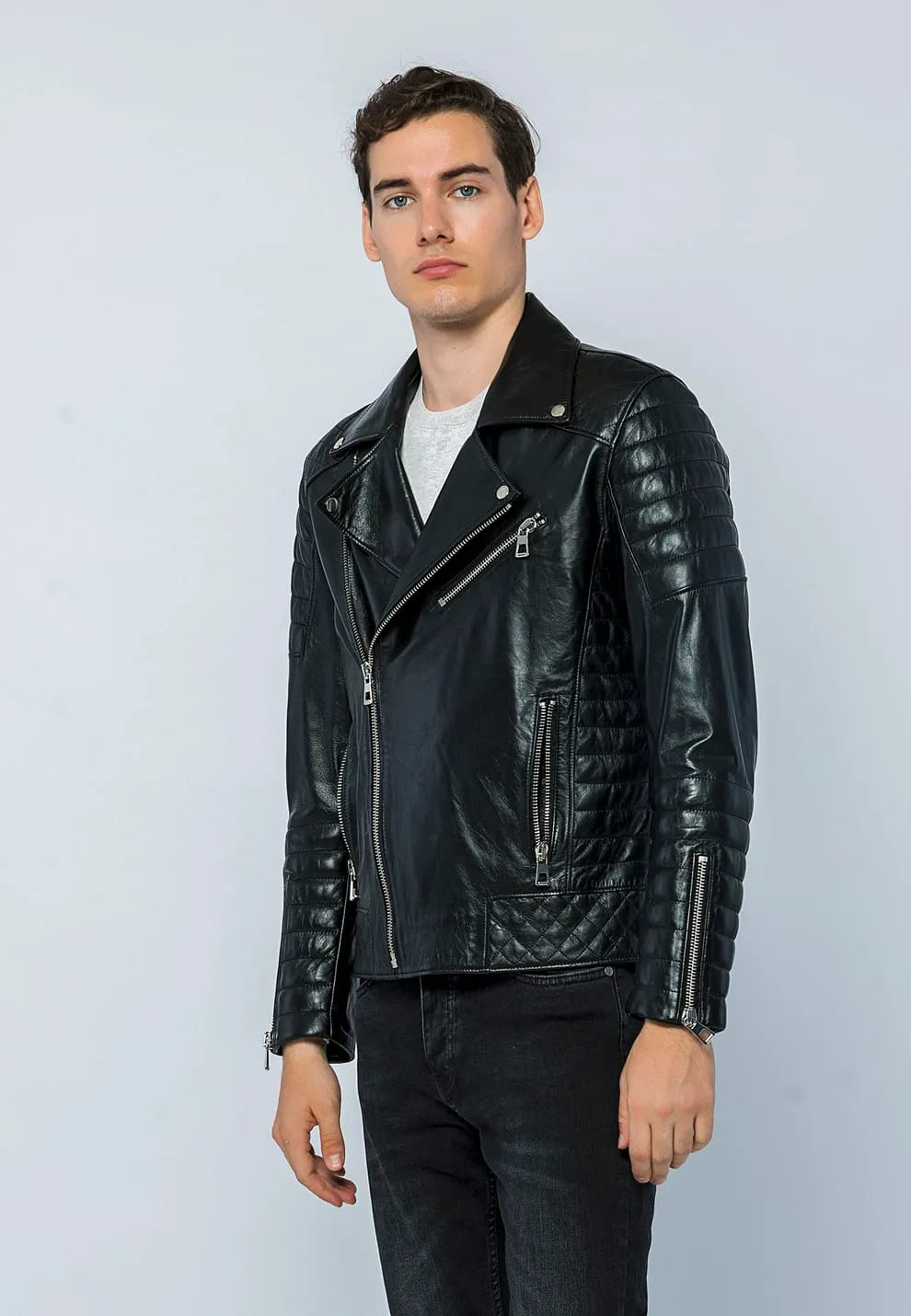 Erkek Biker Deri Ceket Siyah