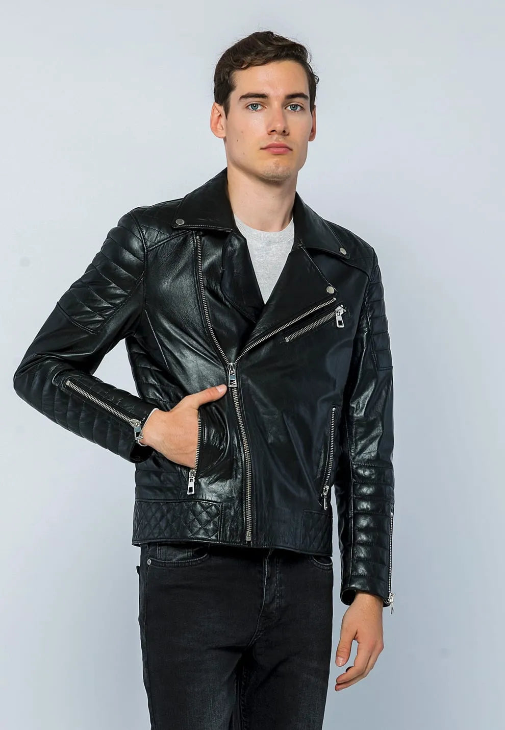 Erkek Biker Deri Ceket Siyah
