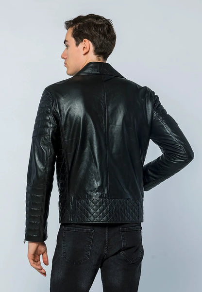 Erkek Biker Deri Ceket Siyah