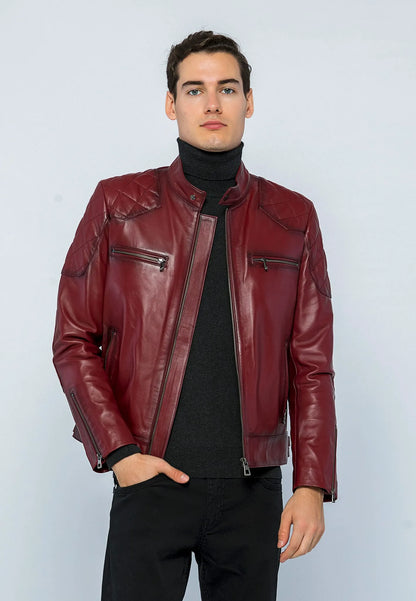 Erkek Biker Deri Ceket Açık Bordo