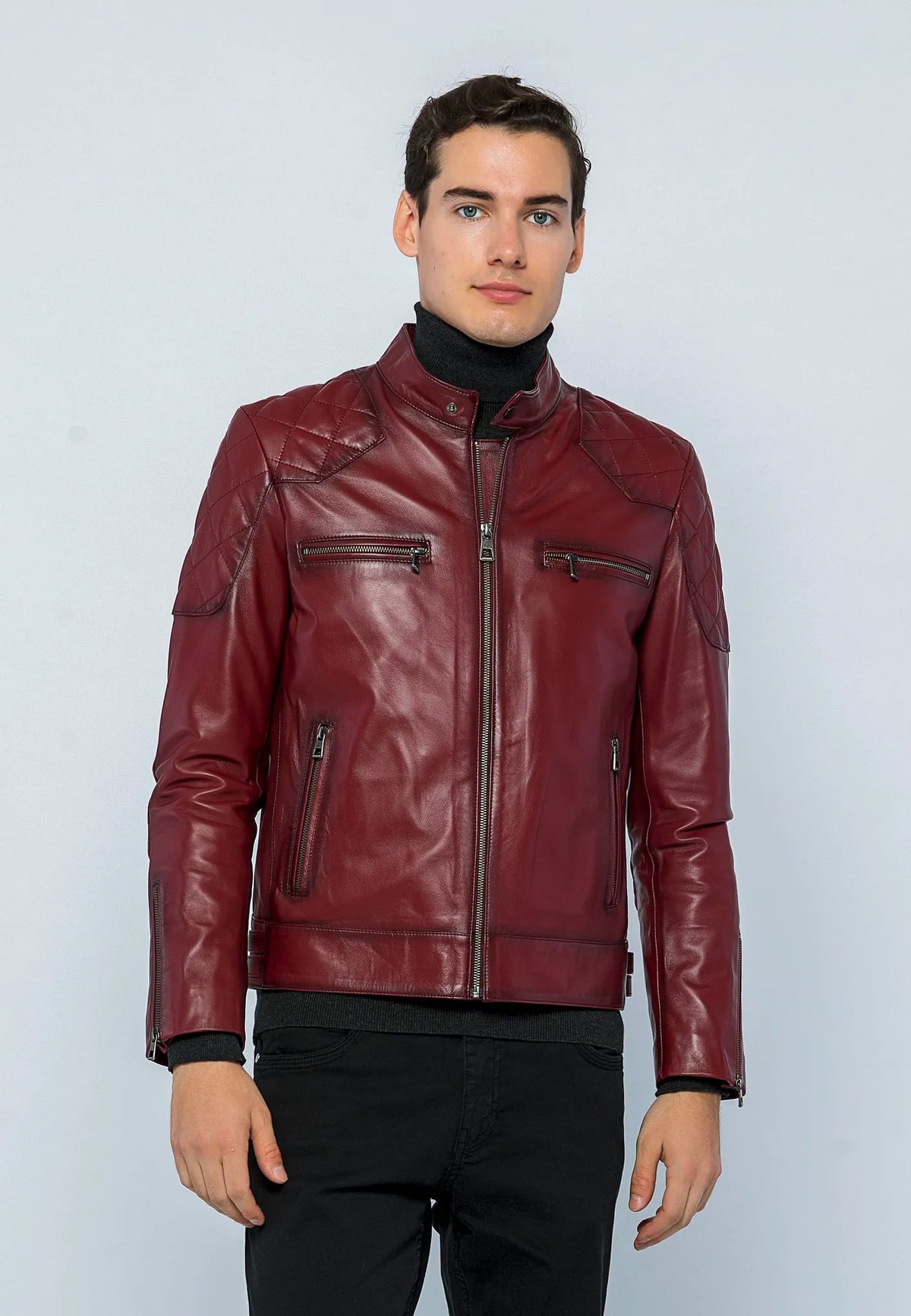 Erkek Biker Deri Ceket Açık Bordo