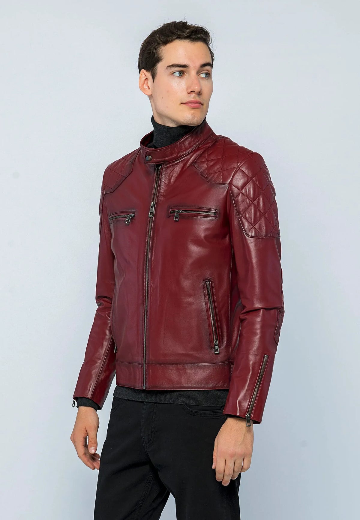 Erkek Biker Deri Ceket Açık Bordo