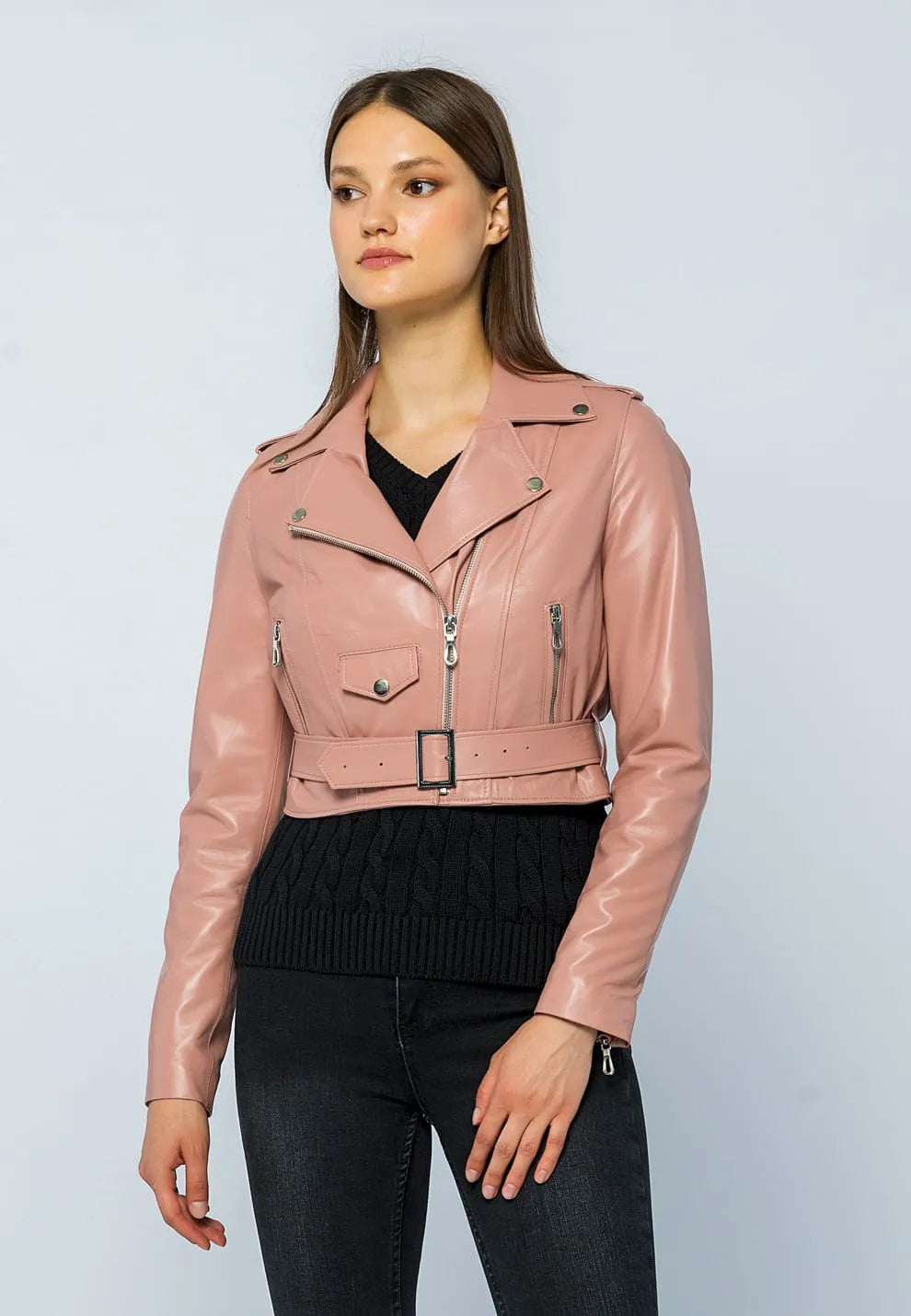 Kadın Kemerli Kısa Deri Ceket Açık Pembe