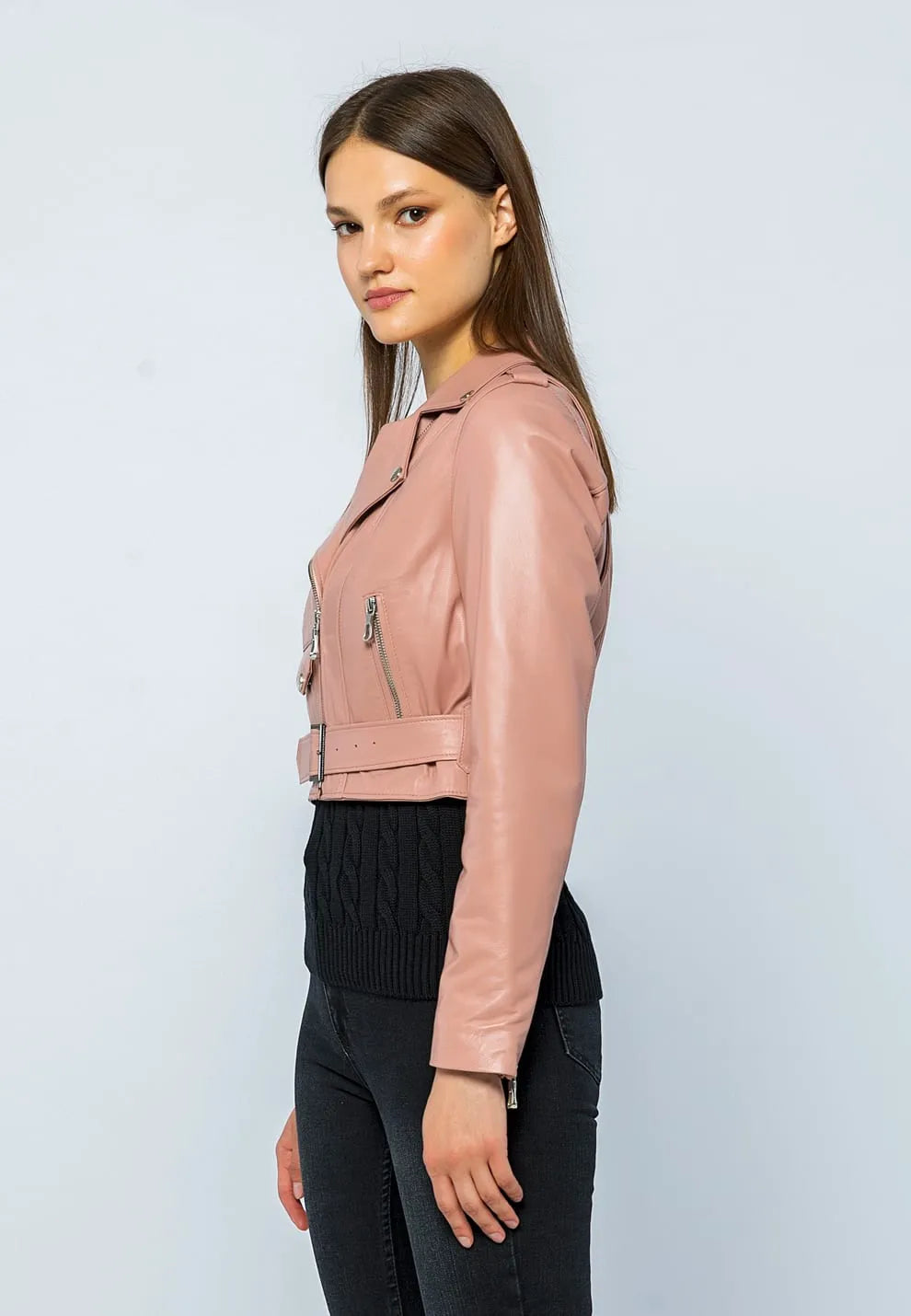 Kadın Kemerli Kısa Deri Ceket Açık Pembe